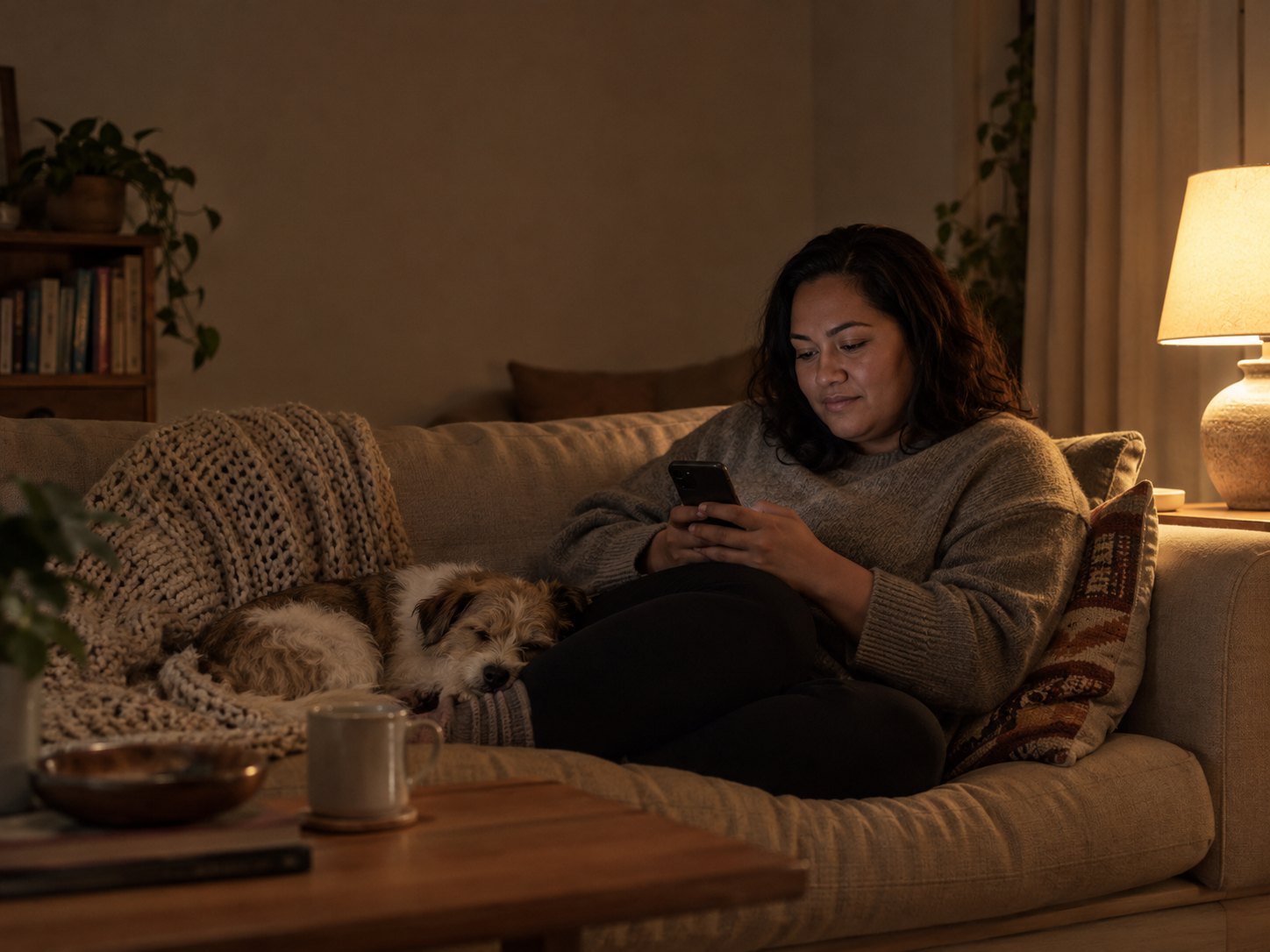 A woman messaging on her phone on the sofa at night, her dog asleep beside her