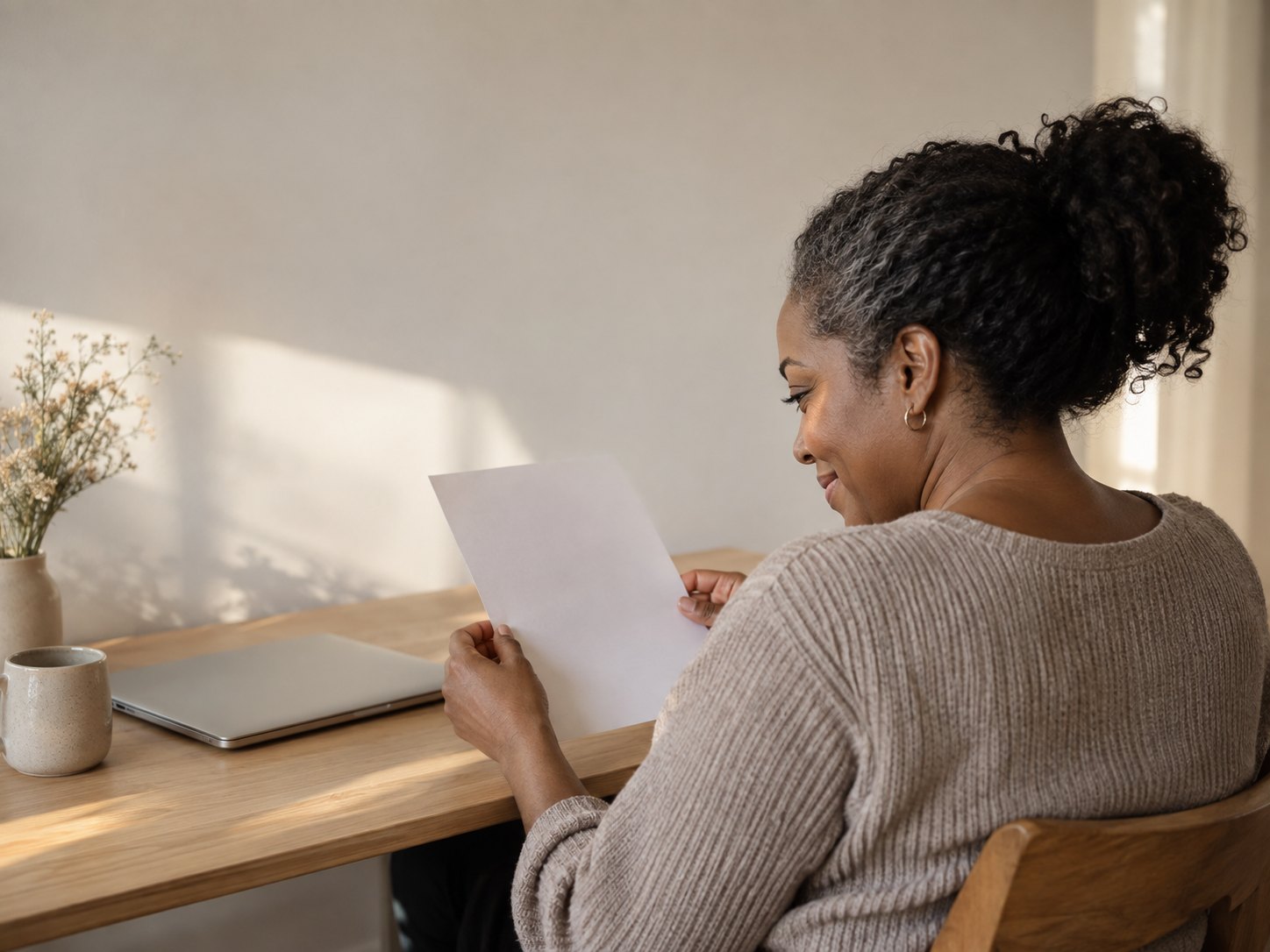 A person at a home desk reading a letter in soft afternoon light