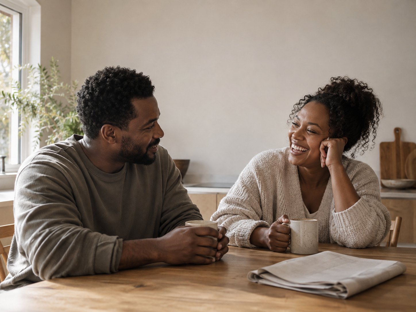 A couple laughing together over coffee at their kitchen table