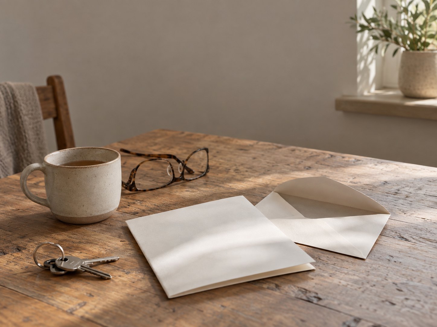 A blank folded letter and envelope on a kitchen table in morning light